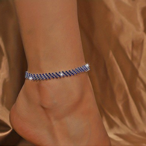 Rhombus Rhinestone Beaded Tennis Chain Ankle - Picture 1 of 8